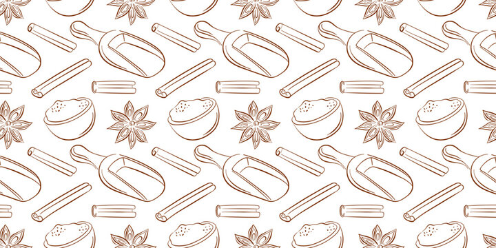 Seamless pattern with cinnamon stick, star anise, wooden scoop and bowl filled with ground spice. Design for recipe book or spice design in line art style.