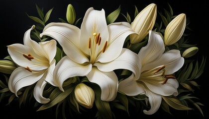 a digital floral bouquet of creamy white lilies with green leaves against a black background