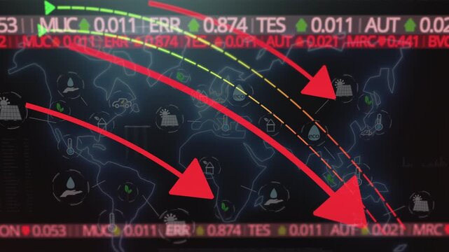 Global economic crisis visualization with red downward arrows over a world map, representing market crashes, financial instability, recession trends, and breaking news about worldwide economic