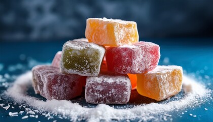 a close up of a pile of traditional turkish delight a delicious and sweet confection known as lokum a colorful jelly candy dusted with powdered sugar