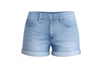 Light wash denim shorts with rolled cuffs, casual summer women's clothing, transparent background