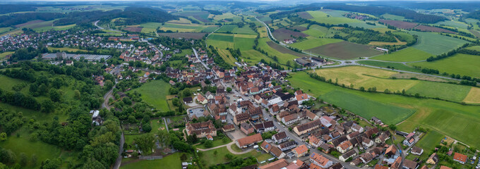 Aerial panoramic view of the city Neuhof an der Zenn in Germany, Bavaria on a sunny spring noon.