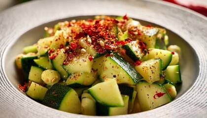 a close up of a spicy zucchini salad appetizer a delicious and healthy dish with diced zucchini and chili flakes a fresh and seasoned vegetable salad in a gourmet restaurant