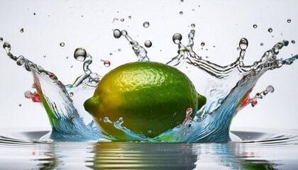 water splashing onto lime in the style of white background and colorful fruits