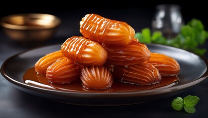 a modern presentation of a traditional tulumba dessert a sweet and sticky fried dough pastry with syrup a popular turkish and balkan sweet served in a restaurant a delicious food on a dark plate
