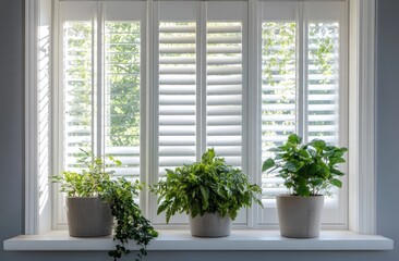 Fototapeta premium Lively indoor plants basking in golden sunlight beside bright window shutters
