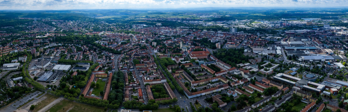 Aerial panoramic view of the city Schweinfurt in Germany, Bavaria on a sunny spring noon.