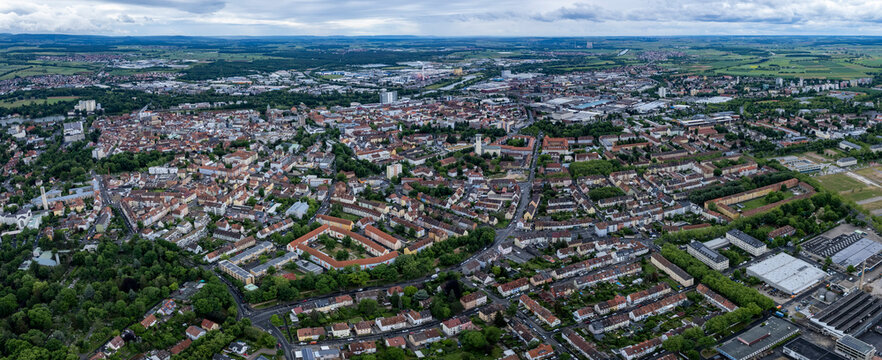 Aerial panoramic view of the city Schweinfurt in Germany, Bavaria on a sunny spring noon.