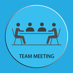 Flat vector illustration of people sitting at a conference table on a blue circular background