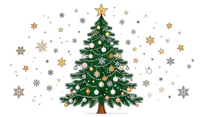 A decorated evergreen tree, festooned with ornaments and twinkling lights, surrounded by floating snowflakes and stars against a white background