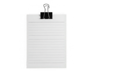 Blank notepad with binder clip isolated on transparent background