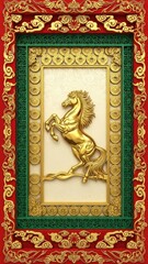 Fototapeta premium Majestic Golden Rearing Horse Sculpture Adorned in an Opulent Traditional Oriental Frame, Representing Success, Prosperity, and Auspicious Fortune
