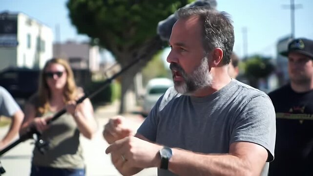 A director gives instructions on set, surrounded by his team, showcasing collaboration and