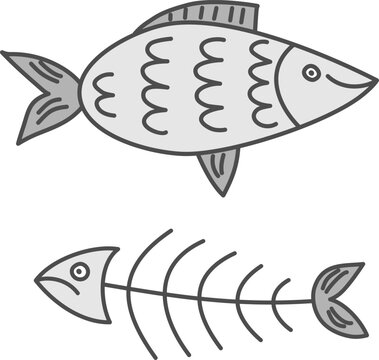 Set of different cartoon sea marine river smiling fish and sad fishy skeleton made in kid childish style. Vector illustration.