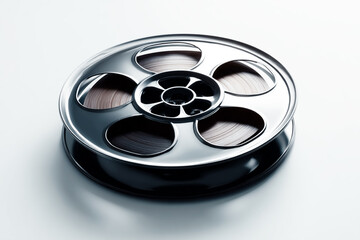 Black Film Reel on White Background Representing Cinema &ndash; Movie and Entertainment Concept.