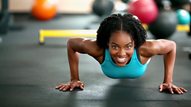 Fitness. Exercise. New Year resolution. Healthy lifestyle theme. A woman in a blue tank top is performing a pushup on a gym floor. The background is blurred.