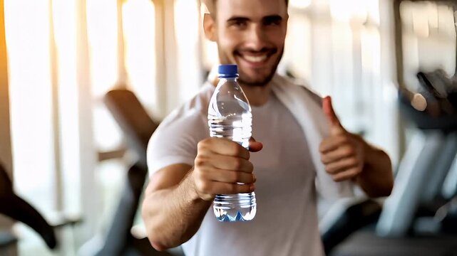 Fitness. Exercise. New Year resolution. Healthy lifestyle theme. man in gym with water bottle and towel giving thumbsup gesturehuman face.