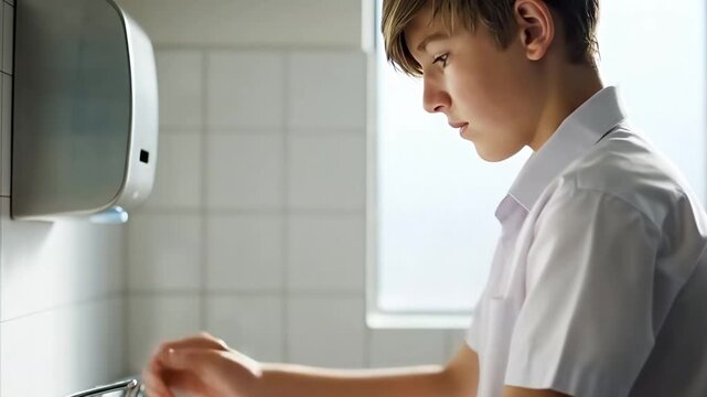 A young boy in a school uniform is washing his hands carefully with soap and water in a clean public restroom