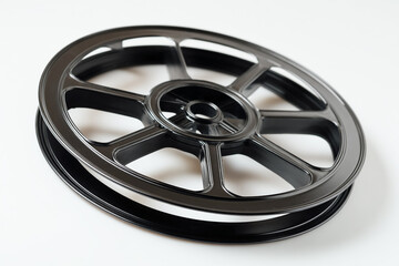 Black Film Reel on White Background Representing Cinema &ndash; Movie and Entertainment Concept.