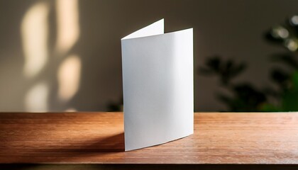 white folded paper card tent card standing on wooden table with neutral background with natural light and shadows
