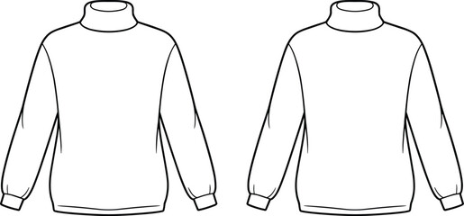 Front and back view of a white long-sleeved turtleneck shirt with clean lines long sleeve apparel