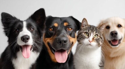 A delightful gathering of cute pets stands together, showcasing their playful spirit. Each pet, filled with happiness, spreads warmth and charm against a clean white backdrop