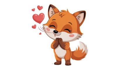 Obraz premium A charming cartoon fox blowing kisses with floating hearts expressing love and affection.