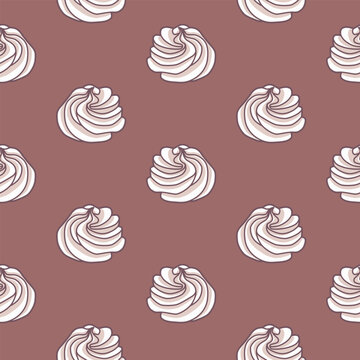 Seamless pattern with beige swirl meringue shapes on soft brown background.