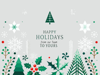 Festive holiday greetings card with snowflakes trees and winter foliage design
