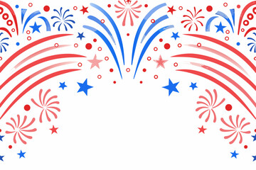 Festive patriotic design featuring fireworks stars and red white and blue colors
