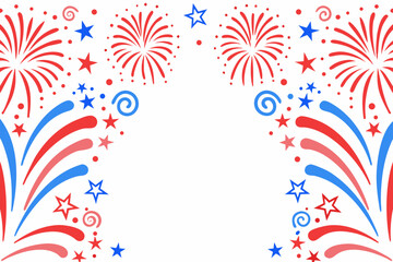 Festive display of red white and blue fireworks with stars and swirls