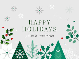 Happy holidays greeting card with winter foliage and snowflake design