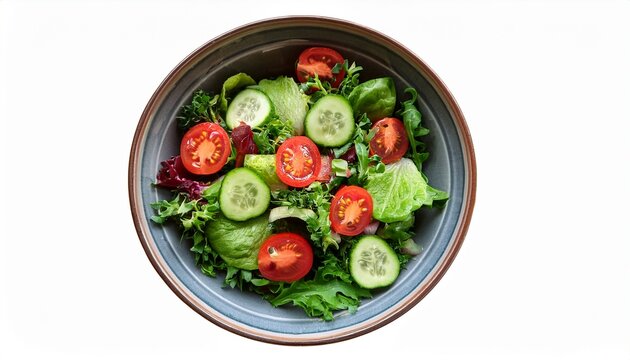 a top down view of a fresh and healthy green salad a flat lay of a colorful bowl with lettuce tomato and cucumber a concept of clean eating a vegan diet and a light meal a rustic food background - Powered by Adobe