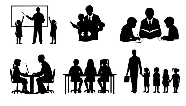 Set of teacher and student silhouette interactions, educational concept vector with children and adults in various learning scenes