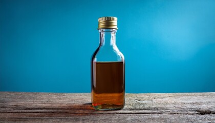 a nearly empty clear glass bottle with a small amount of amber liquid stands on a rustic wooden table against a blue background