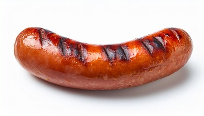 a single grilled sausage isolated on a white background a juicy and delicious pork bratwurst a concept of fast food a barbecue meal or a food ingredient a close up with char marks
