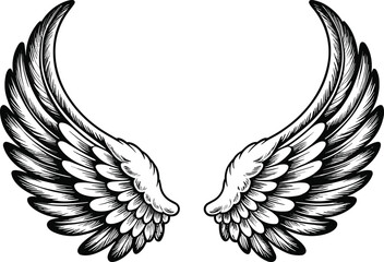 Obraz premium Hand Drawn Black and White Eagle Wings Illustration with Detailed Feathers in a Symmetrical Tribal Tattoo Style Isolated Vector ArtHand Drawn Black and White 