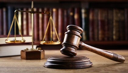 wooden gavel resting on stand books and scales in background