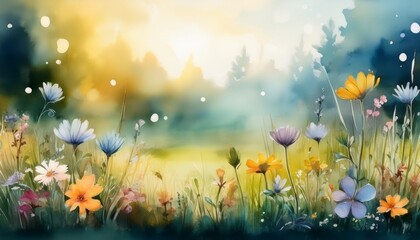 flowers and grass landscape with a bokeh background in watercolor painting style
