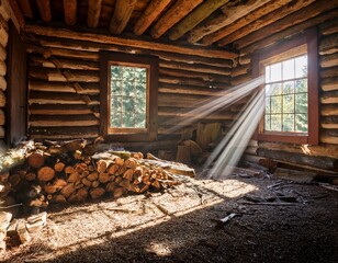 sun drenched beams of light illuminate the interior of an abandoned log cabin filled with scattered firewood and rustic charm
