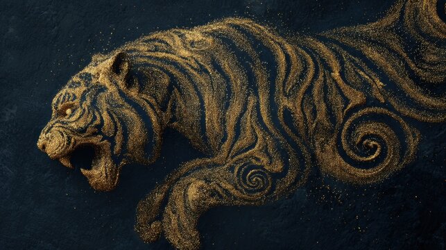 Golden Tiger's Roar: A majestic golden tiger in dynamic pose, emerges from artistic swirls, its gaze fierce and focused, hinting at its untamed power.