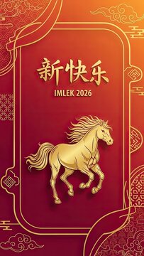 Golden Horse Celebrating New Year with Traditional Chinese Decorations and Symbols of Prosperity