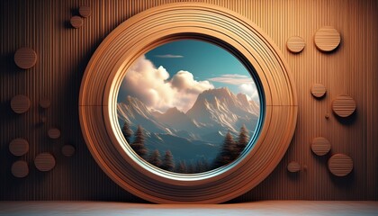 futuristic wooden circular window with cloud and mountain scene abstract artistic design