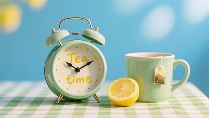 Bright cozy still life featuring a classic vintage alarm clock with the words TEA TIME written in a playful handwritten font on the clock face.