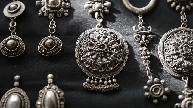 Close-up view of intricate handcrafted silver jewelry with traditional designs.