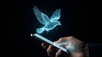 Human hand holding a modern smartphone in a dark environment with a glowing blue holographic bird made of digital light particles emerges and floats upward.
