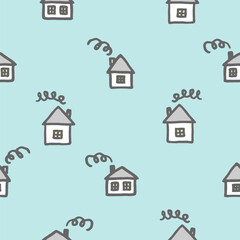Fototapeta premium Vector seamless pattern with freehand drawn cartoon houses with windows chimney smoke made in kid childish style on light blue background. Village houses landscape.