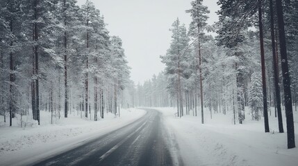 Snow covered road through winter forest, quiet rural route surrounded by snowy trees, cold seasonal weather and frozen landscape creating peaceful nature scenery for winter travel