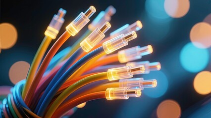Glowing fiber optic cables with transparent tips emitting warm light.
