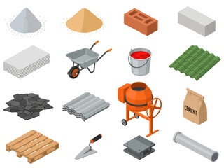 A comprehensive set of isometric construction icons features varied building materials like bricks and sand alongside tools such as a wheelbarrow and orange cement mixer